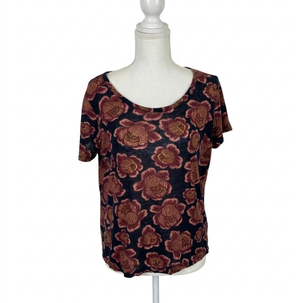 Ann Taylor Small Floral Scoop Neck Womens Top - Black with Rust Floral Euc‎